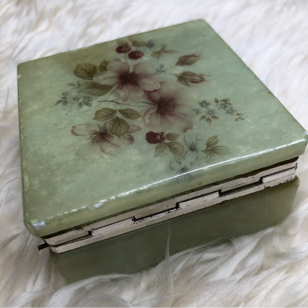 Vintage Sage Green with Pink Roses Alabaster Hinged Jewelry Box, Trinket Box